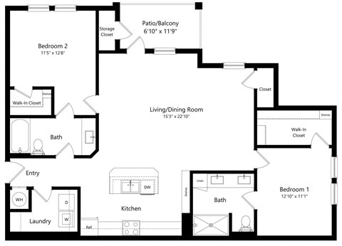 Floor plan for 2 beds, 2 baths, 1290 sqft